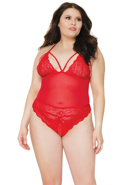 Plus-Size Red Lace & Mesh All-Access Teddy — image 5 of 9