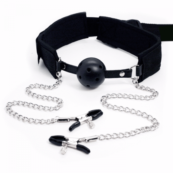 Ball Gag, Nipple Clamp, and Bondage Restraint System
