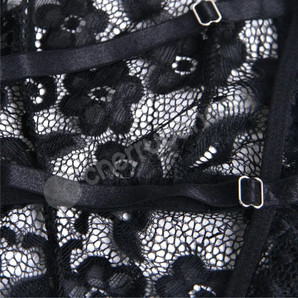 Cherry Banana Black Floral Lace Bodysuit With Adjustable Neck & Back Straps