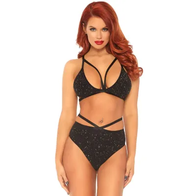 2 Pc Shimmer Lurex Opaque Cage Strap Bra Top and Matching Strappy Brazilian Bottom Black Gold Medium large