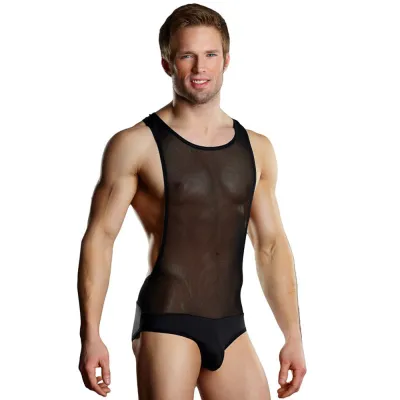 Male Power Sheer Spandex Singlet Black L XL