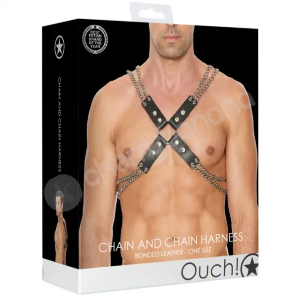 Ouch Chain And Chain Black Leather Harness - One Size