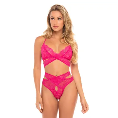 Cut Out Galloon Lace Bra Set Bright Rose L xl