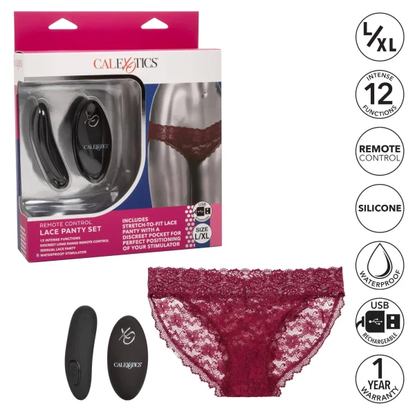 Remote Control Lace Panty Set - L- XL - Burgundy