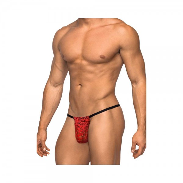 Male Power Stretch Lace Posing Strap Red One Size