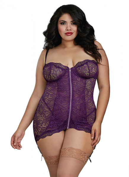 Dreamgirl 1X Plum Stretch Lace Garter Slip with Matching G-String