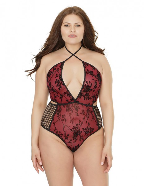 Coquette Criss Cross Strap Fishnet And Lace Teddy