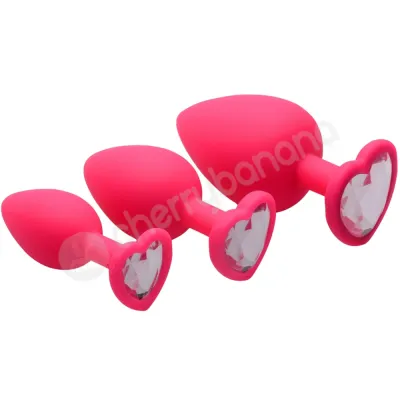 Frisky Pink Hearts 3 Piece Silicone Anal Plugs With Gem Accents