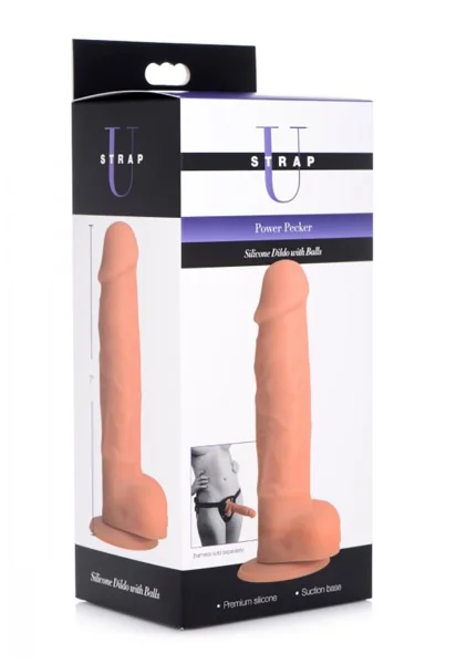 Strap U Power Pecker 7" Silicone Suction Cup Dildo With Balls - Pink
