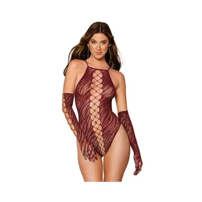 Women s Lingerie Dreamgirl Animal Print Fishnet High neck Teddy Gloves Set Burgundy O s