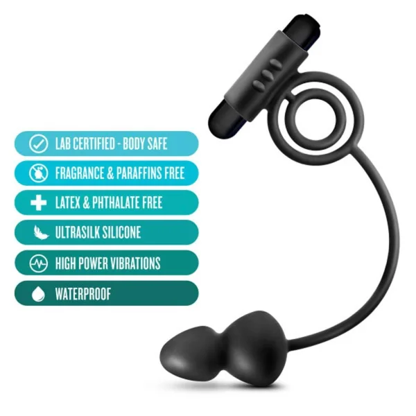 Anal Adventures - Platinum - Silicone Anal Plug With Vibrating C-Ring - Black