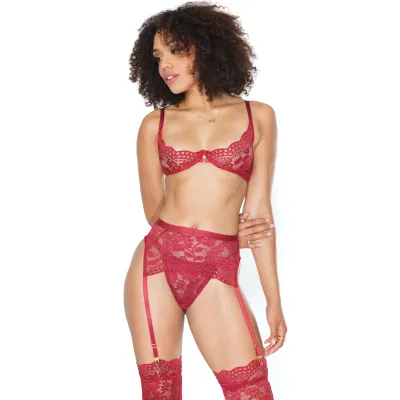 Deep Red Floral Lace Demi Cup Bra Garter Belt Thong