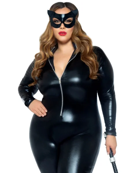 Lame Zipper Front Catsuit - 1x-2x - Black