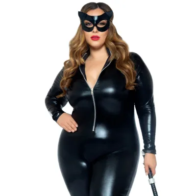 Lame Zipper Front Catsuit 1x 2x Black