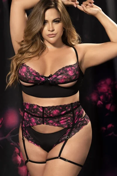 Mapale by Espiral Midnight Bloom Floral Print Lace Bra with Garter Belt & Panty