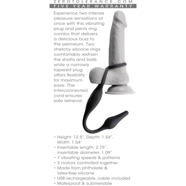 Zero Tolerance Plug & Tug Silicone Vibrating Anal Plug & Perineum Massager With Cock & Ball Rings - Black