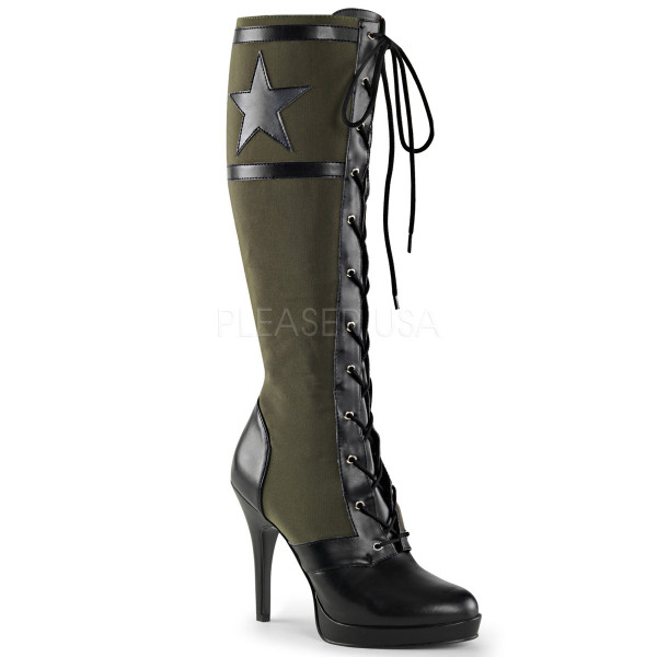 4 1/2 inches Heel, Front Lace Up Knee High Military Boot, Side Zip