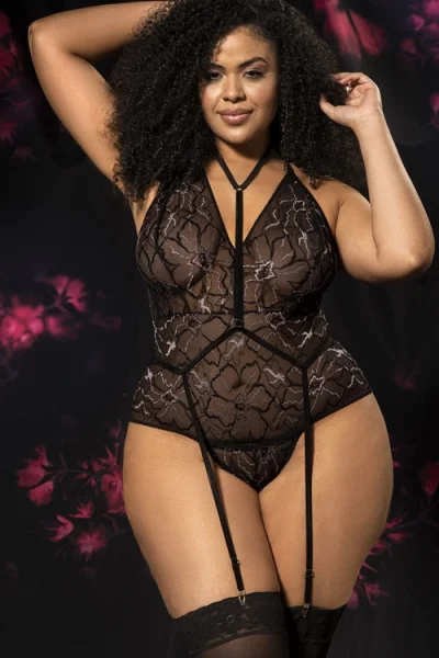 Mapale by Espiral Shine On Black Floral Lace & Mesh Bodysuit with Removable Gartered Harness