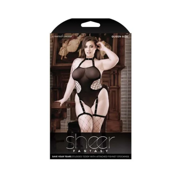Sheer Save Your Tears Studded Halter Teddy With Net Sides And Attached Fishnet Stockings Black Queen
