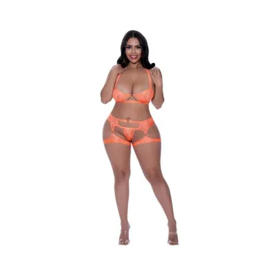 Women s Lingerie Magic Silk Rude Awakening Balconette Bra Stirrup Thong Set Neon Orange Queen Size