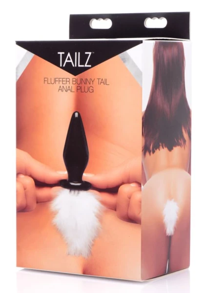 Tailz Fluffer Black Glass Anal Plug With White Faux Bunny Tail