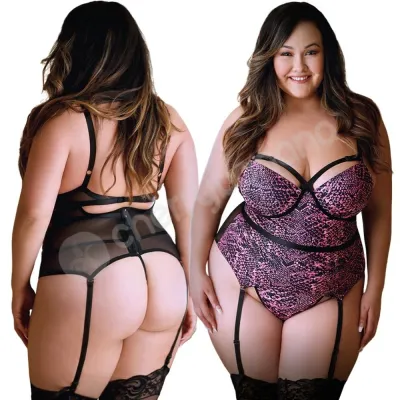 Curve Pink Black Snake Print Bustier Panty 3X 4X