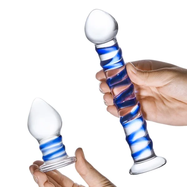 Glas 2-piece Double Penetration Glass Swirly Dildo & Butt Plug Set — image 11 of 15