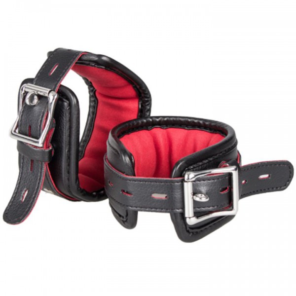 Bondara Black Faux Leather Red Suede Padlocked Ankle Cuffs — image 4 of 5
