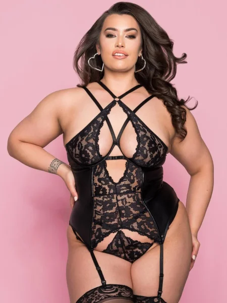 Lovehoney Plus Size Fierce Romance Black Wet Look and Lace Bustier Set