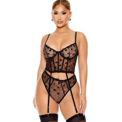 Forplay Heartbeat Harmony 2 Piece Black Bustier Set with Garters Matching Panty