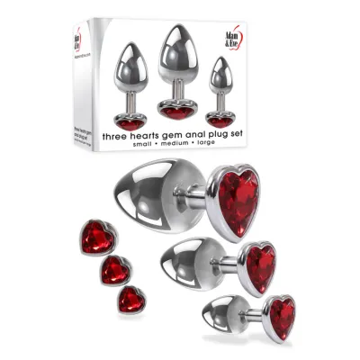 Adam and Eve Metal Butt Plug Set with Red Heart Shaped Gem Base 3 Pce