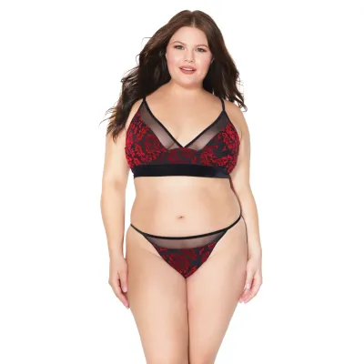 Plus Size Velvet Jacquard Lace Bralette Matching Panty Set