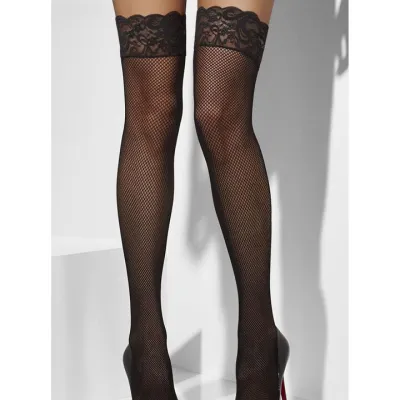 Obey Me Black Fishnet Lace Top Hold Up Stockings