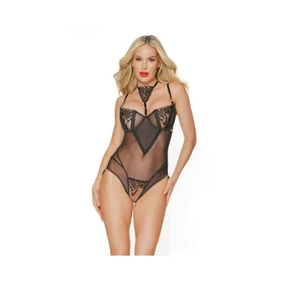 Black Label Crotchless Teddy Black rose Gold Small