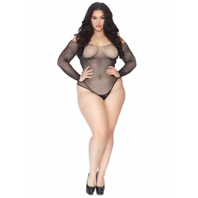 Rhinestone Snap Crotch Bodysuit 1x 2x Black