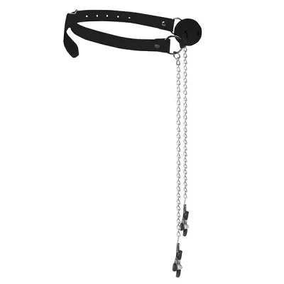Ouch Black White Breathable Gag With Nipple Clamps
