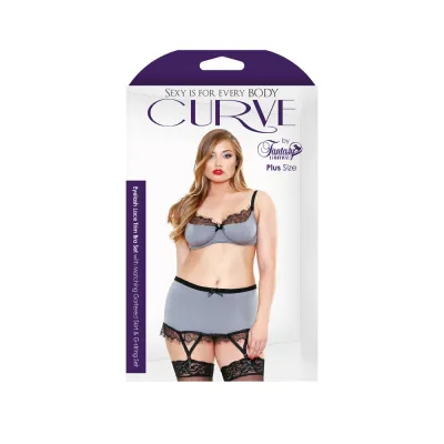 Curve Eyelash Trim Bra Skirt G string Grey 1X 2X