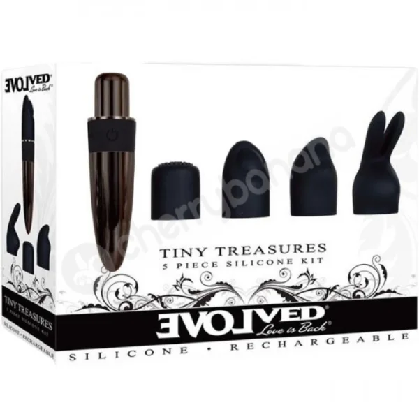 Evolved Tiny Treasures Black Chrome Mini Massager With Silicone Attachable Heads
