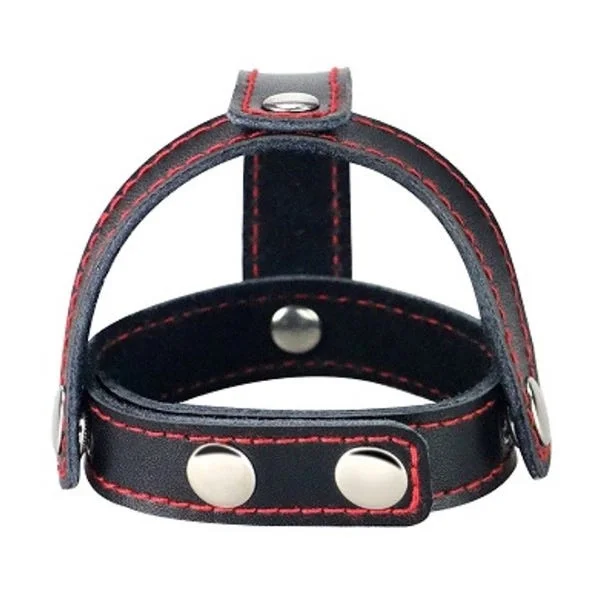 Bondage Fetish T-Style Leather Cock Ring with Ball Divider