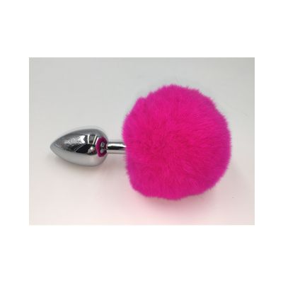 Chrome Butt Plug With Rabbit Tail Hot Pink
