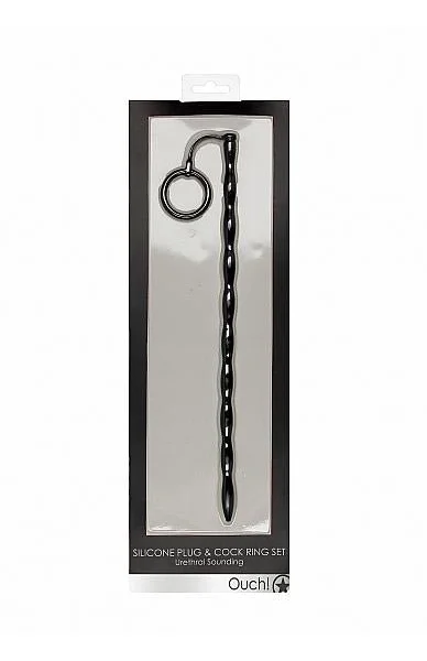 Silicone Plug & Cock Ring Set - Urethral Sounding - Black