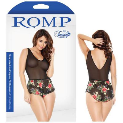 Romp Stretch Mesh Tropical Print Romper With Snap Closure