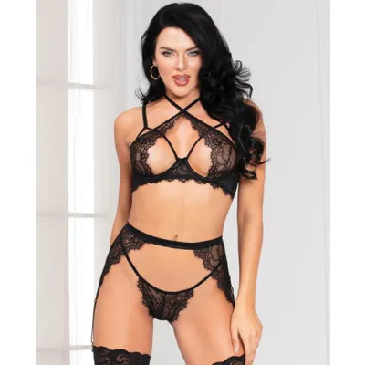 Floral Lace Bra High Waist Garterbelt G String Black O S