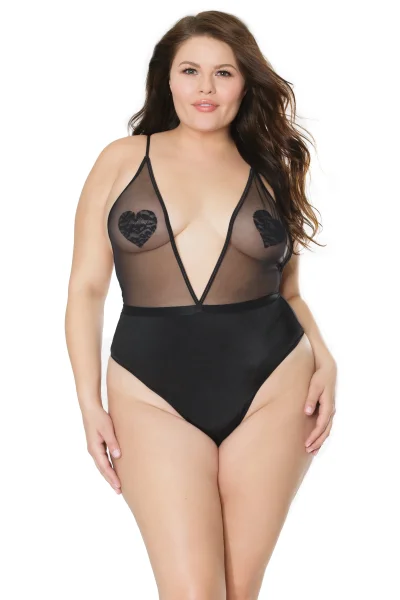 Plus Size Deep V Black Mesh Crotchless Teddy — image 9 of 12