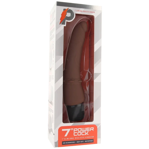 Powercocks Slim Anal Realistic Silicone Waterproof Rechargeable 7" Vibrator - Chocolate