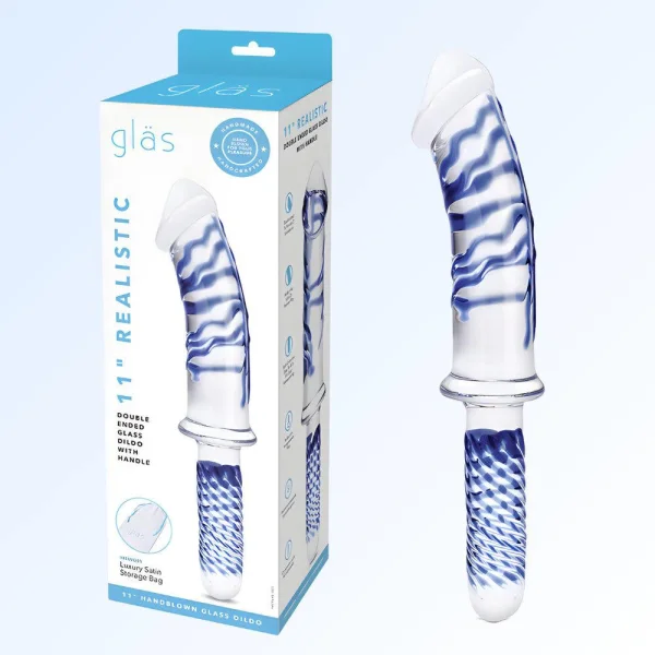 Gläs 11" Realistic Double Ended Glass Dildo - Clear & Blue