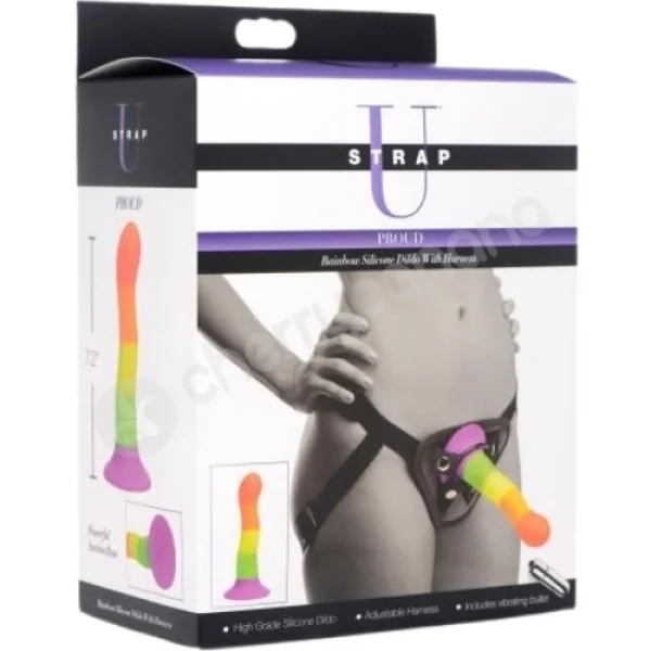 Strap-U Proud Rainbow Dildo With Black Adjustable Harness Strap On Set With Bullet Vibe