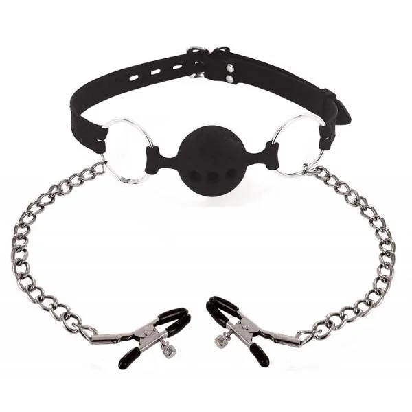 Hinder Breathable Silicone Ball Gag With Nipple Clamps