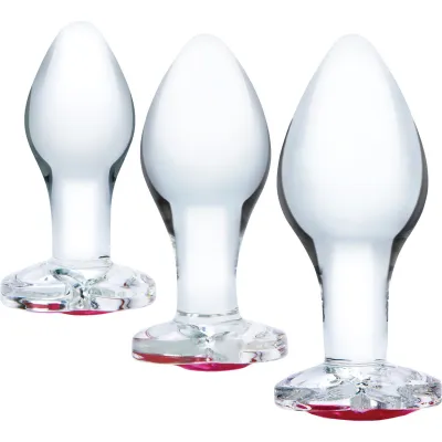 Glas Heart Jewel Glass Butt Plug 3 Piece Anal Training Set Clear With Pink Jewel