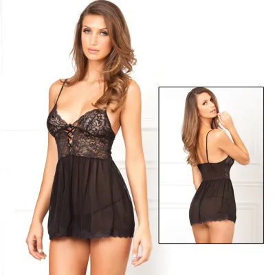 Rene Rofe 2pc Laced Up Chemise G String Black M L
